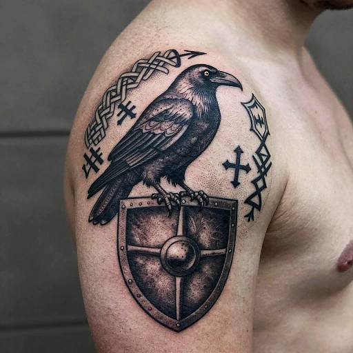 Photograph of a shirtless man's upper arm showcasing a detailed black crow tattoo on a shield with Norse runes and crosses.