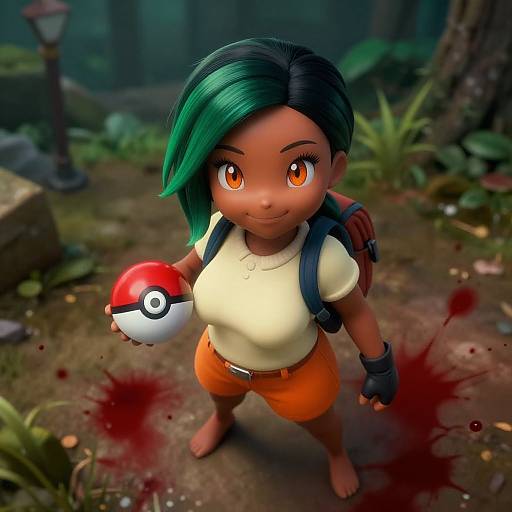 CGI image of a dark-skinned girl with green hair, orange shorts, white shirt, holding a Poké Ball, standing in a forest with