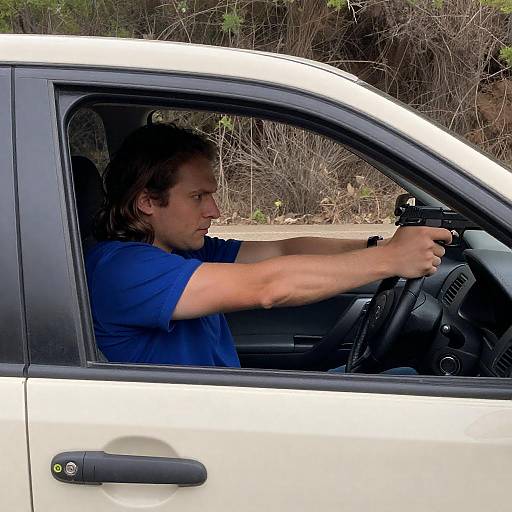 Intense Shooter in Blue Shirt