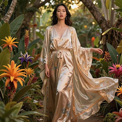 Photograph of a woman with long black hair in a flowing, gold satin robe, walking through a lush, colorful tropical garden.