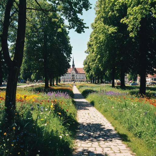 Cobblestone Path Through Flower Meadow to Historic Austro-Hungarian Building