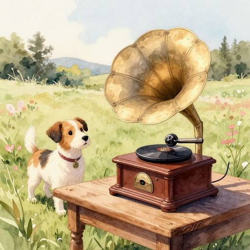 Watercolor illustration of a cute, white and brown dog with a collar, listening to a vintage wooden gramophone on a table in a sunny meadow