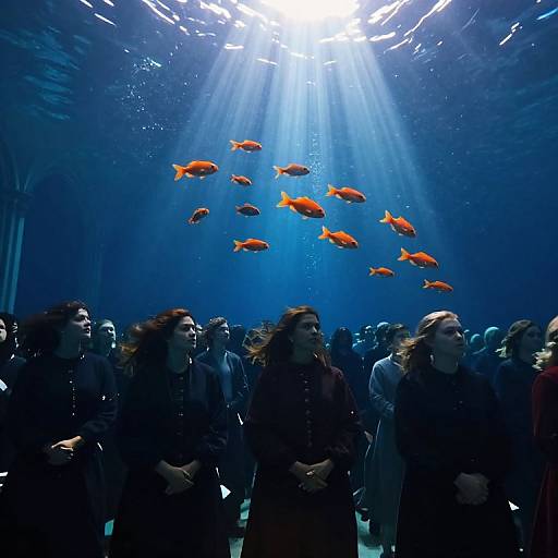 Photograph of a group of people standing in a dark blue underwater aquarium, watching bright orange fish swim above in beams of sunlight.