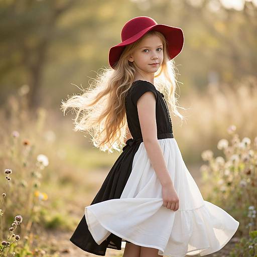 Photograph of a young girl with long blonde hair, wearing a red hat, black top, and white skirt, standing in a sunlit meadow