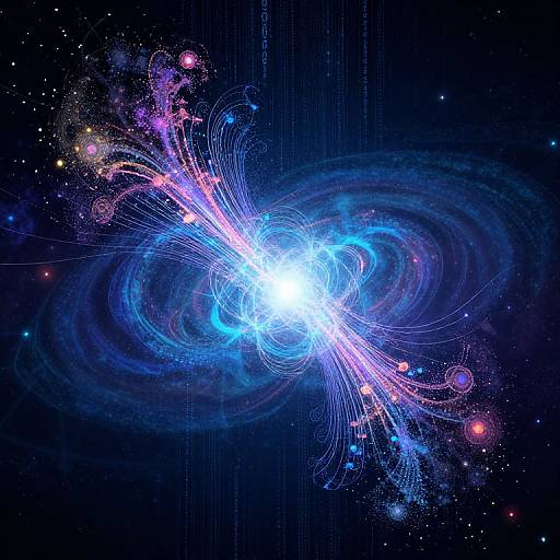 Digital artwork of a vibrant, blue-white galaxy core with swirling tendrils, surrounded by colorful nebulae and stars against a dark, star-filled background