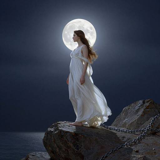 Photograph: Silhouetted woman in flowing white dress stands on rocky cliff, illuminated by full moon, with chains on rocks. Dark, moon