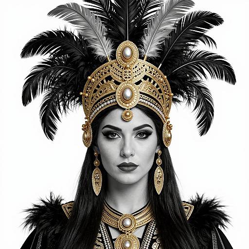 Photograph of a black-and-white portrait of a woman with long black hair, wearing an elaborate gold headdress with black feathers, intricate gold jewelry,