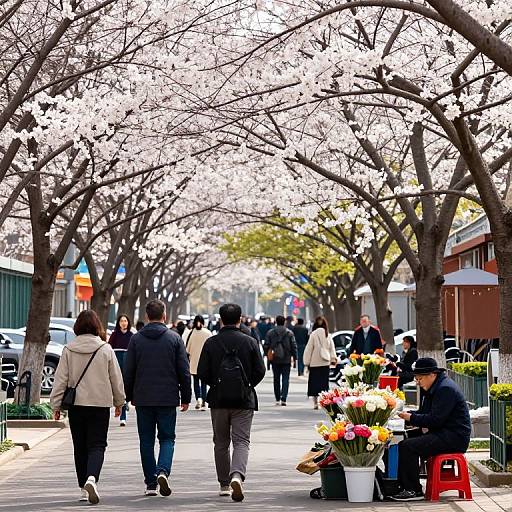 Photograph of a bustling cherry blossom-lined street, people walking, vendor with flowers on right, trees arch overhead, vibrant colors, springtime atmosphere.