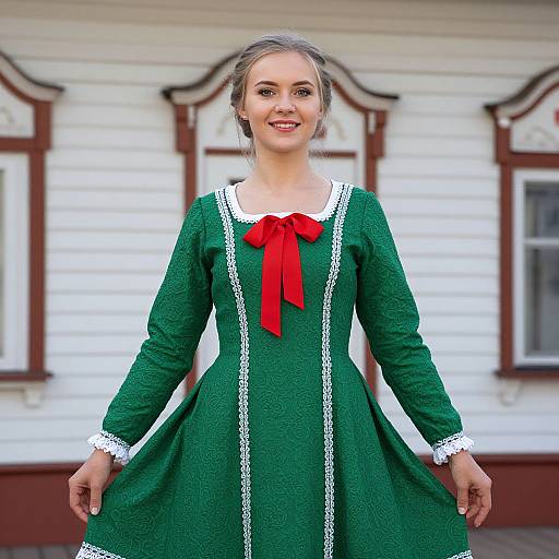 Photograph of a smiling young woman with light brown hair in a green, long-sleeved, Victorian-style dress with white lace trim and a red