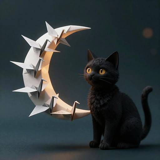 Neo-Noir Black Cat with Origami Crescent