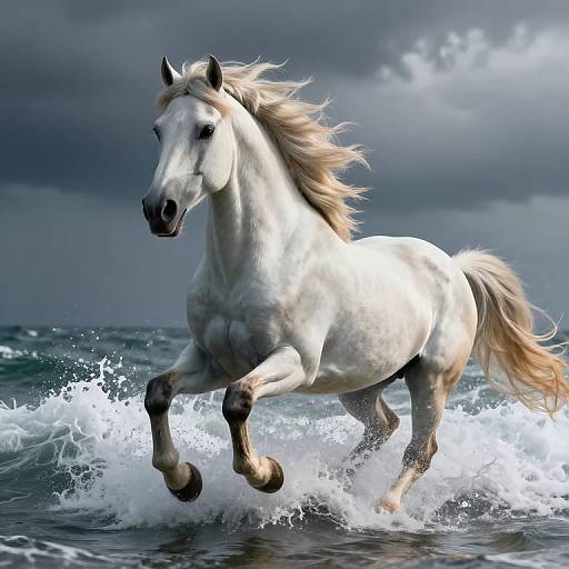 Photorealistic image of a powerful, white horse galloping through ocean waves with a stormy, cloudy sky in the background.