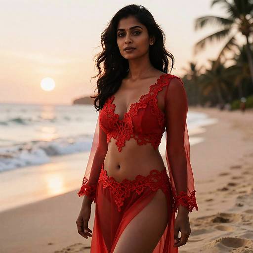 South Asian Woman in Sheer Red Dress on Tropical Beach