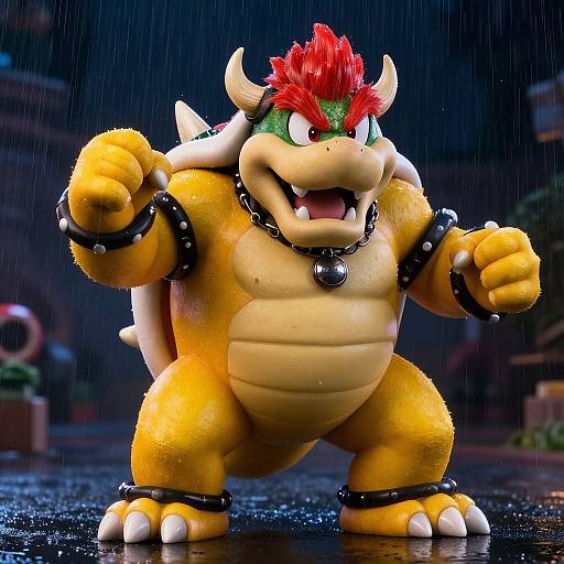 CGI image of Bowser, a muscular, yellow, spiked-shelled turtle with red hair, black armbands, and chain collar, standing