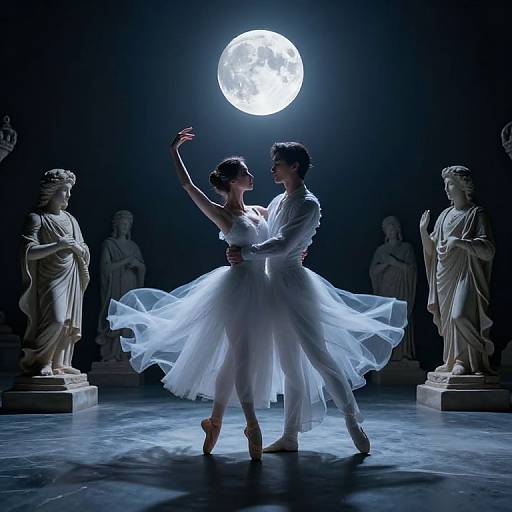 Photograph of a ballerina in a white tutu and pointe shoes, dancing under a full moon, surrounded by classical statues in a dark