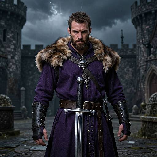 Medieval Knight in Purple Outfit with Sword