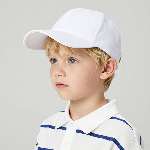 Blonde Boy in White Cap and Striped Shirt