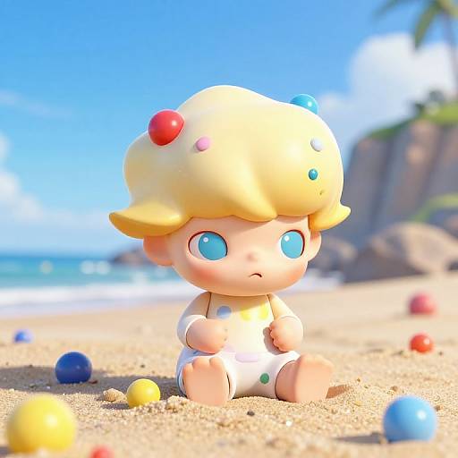CGI image of a cute, chibi-style boy with a yellow, polka-dotted hat, sitting on a sandy beach with colorful balls and