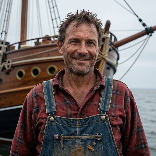 Photograph of a middle-aged man with short, spiky brown hair, smiling, wearing a red plaid shirt and blue denim overalls, standing