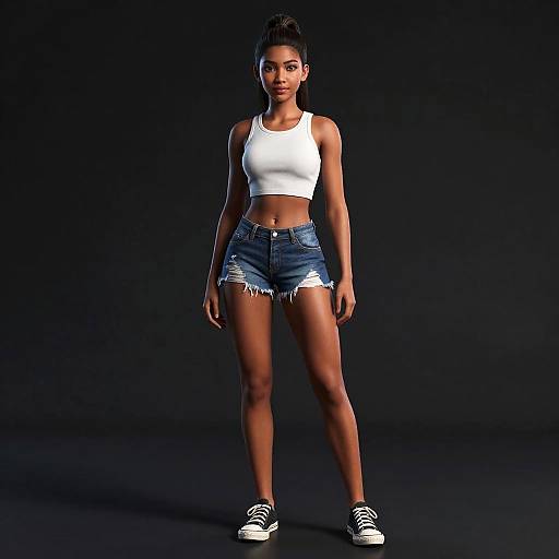Photograph of a tall, dark-skinned woman with a high ponytail, wearing a white crop top, frayed denim shorts, and black sneakers