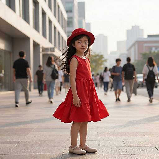 Photograph of a young Asian girl in a red dress and matching hat, standing in a sunlit urban street, surrounded by blurred pedestrians.