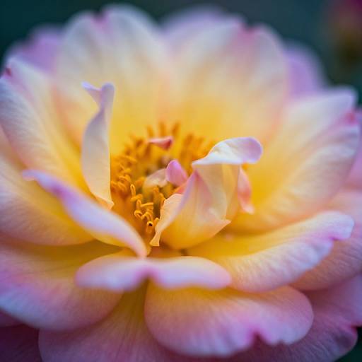 Close-up photograph of a radiant yellow and pink dahlia flower, with soft, delicate petals and a glowing yellow center.