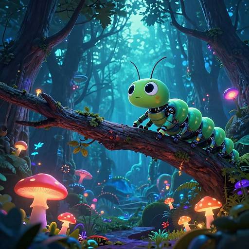 Digital art: Cute, green, bug-like creature with large eyes and antennae climbs a moss-covered tree branch in a vibrant, glowing forest with colorful