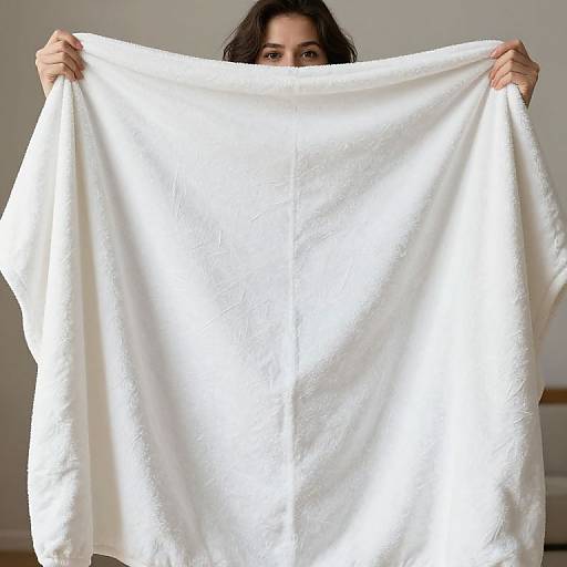 Photograph of a woman with dark curly hair holding up a large white towel, partially obscuring her face, in a brightly lit, plain room.