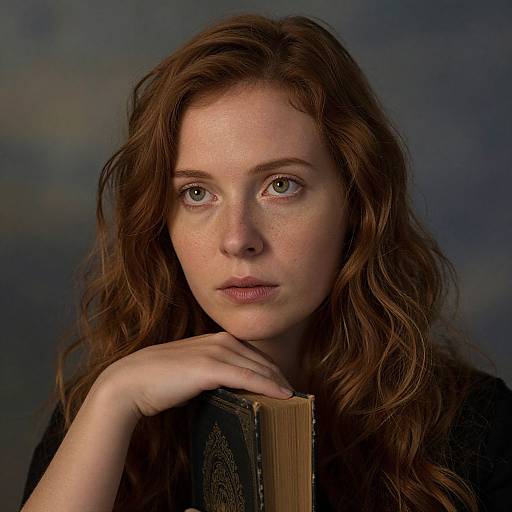 Photograph of a young woman with wavy brown hair, fair skin, and green eyes, holding a book against a dark blue background, with a