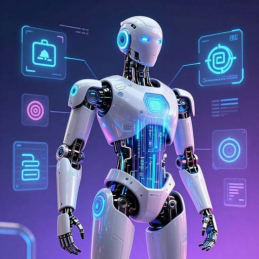 Digital rendering of a glowing, white, futuristic humanoid robot with blue neon accents, surrounded by neon interface icons against a purple gradient background.