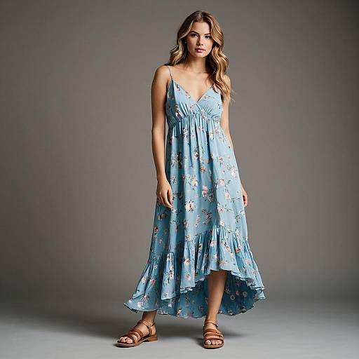 Young Woman in Blue Floral Summer Dress