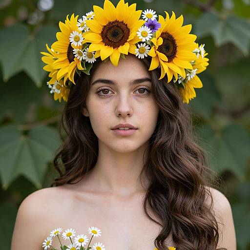 Photograph of a young woman with long, wavy brown hair, wearing a sunflower and daisy crown, standing against a green leafy background