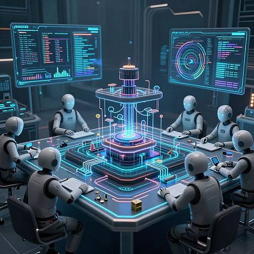CGI image of six humanoid robots, wearing white suits, seated around a glowing, neon-lit control table, interacting with holographic screens displaying data
