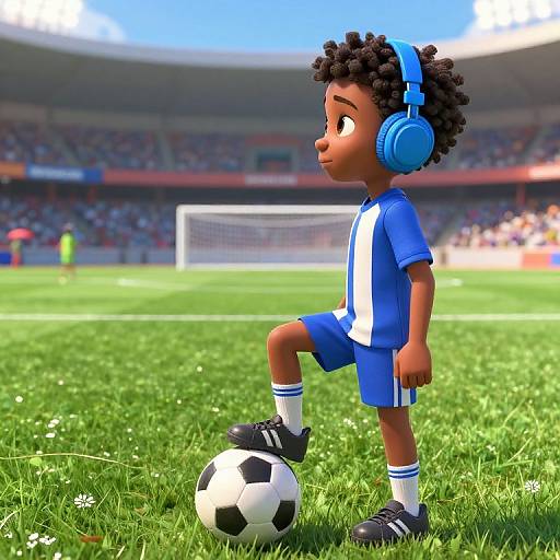 Digital 3D cartoon of a young Black boy with curly hair, wearing blue and white soccer uniform, headphones, and standing on a grassy soccer