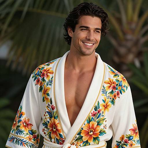 Photograph of a smiling, dark-haired man wearing a white, floral-patterned, V-neck robe, with a deep chest and tropical background.