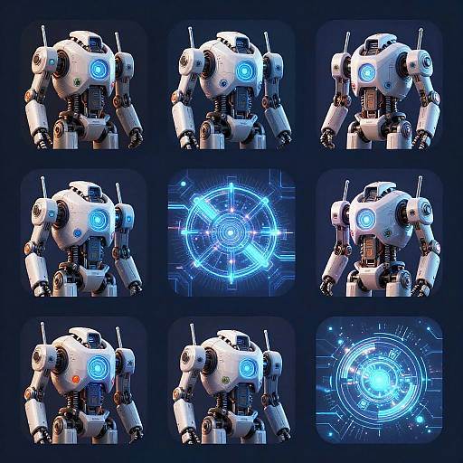 Photorealistic CGI of a white, blue-eyed, robotic humanoid in a 3x3 grid, displaying various glowing blue holographic interfaces against a