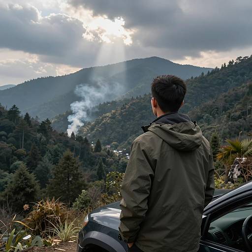 Man on Mountain Overlooking Forest Valley