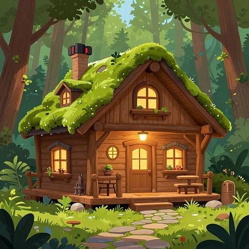 Whimsical, moss-covered wooden cottage with glowing windows, nestled in a vibrant, sunlit forest. Pathway of stones leads to the cozy,