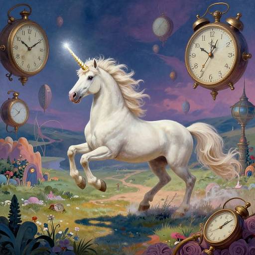 Digital artwork of a white unicorn with a glowing horn, rearing in a vibrant, surreal meadow, surrounded by floating, antique clocks against a twilight