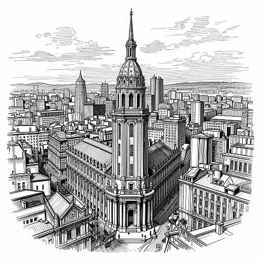 Black and white ink drawing of a cityscape featuring a prominent dome-topped building surrounded by dense, detailed urban architecture.
