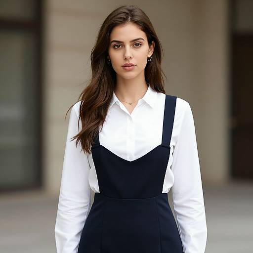 Photograph of a young woman with long brown hair, wearing a white long-sleeve shirt and black pinafore dress, standing outdoors with a
