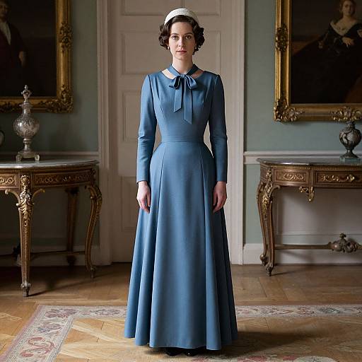 Photograph of a fair-skinned woman with dark curly hair, wearing a blue, long-sleeved, 1920s-style dress, standing