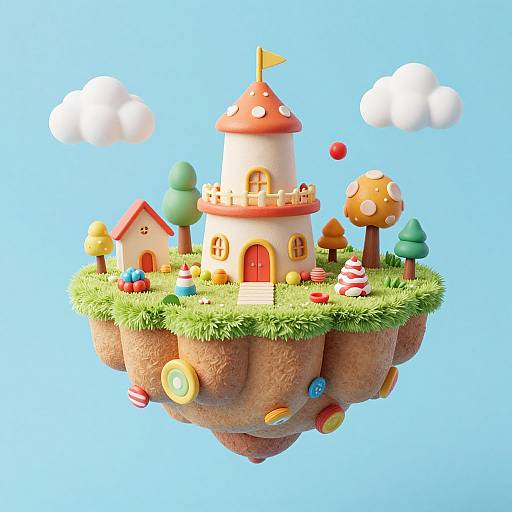 Whimsical 3D CGI island with colorful, cartoon-style house, red dome roof, grass, trees, clouds, and candy-like ornaments,