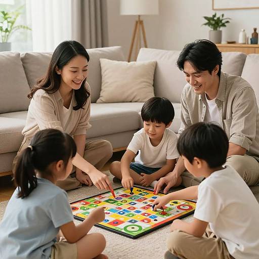 Photograph of an Asian family of four, sitting on a beige couch, playing a colorful board game on a rug in a bright, modern living room