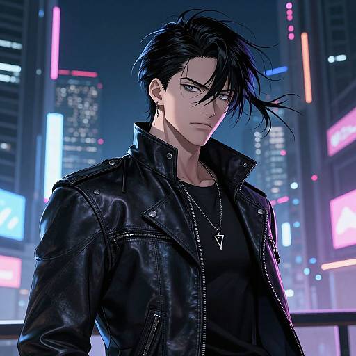 Anime Man in Cyberpunk Cityscape
