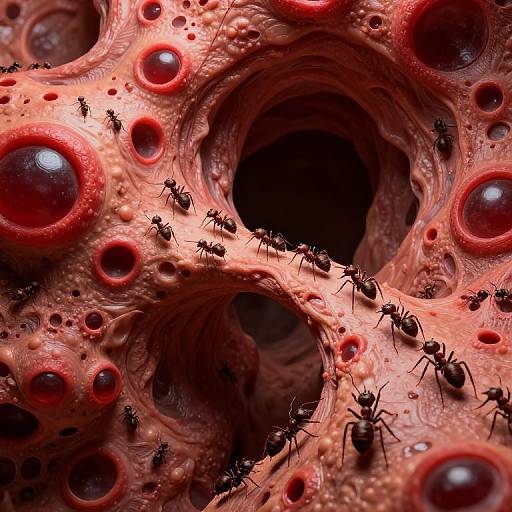 Close-up CGI of a red, textured, porous surface with multiple circular openings. Black ants crawl over and inside the intricate, organic-looking structure. Dark