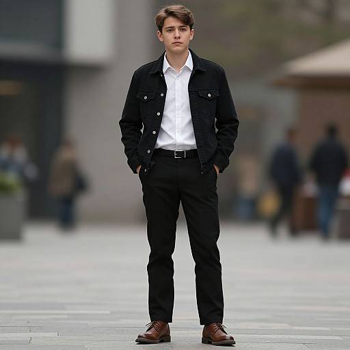 Photograph of a young Caucasian man with short brown hair, wearing a black jacket, white shirt, black pants, and brown shoes, standing confidently in