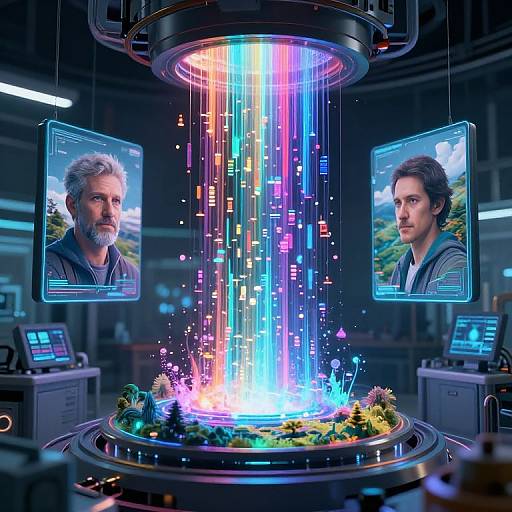 Digital art: Two realistic men's portraits on screens above a futuristic, glowing, colorful column with vibrant neon lights and small plants.