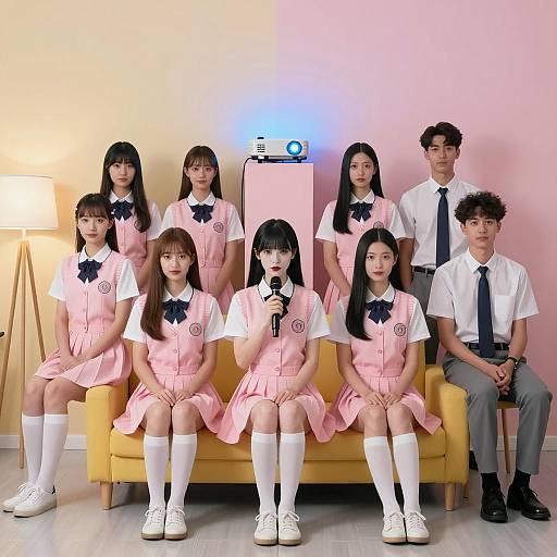 Vibrant Group Photo in Pink Uniforms