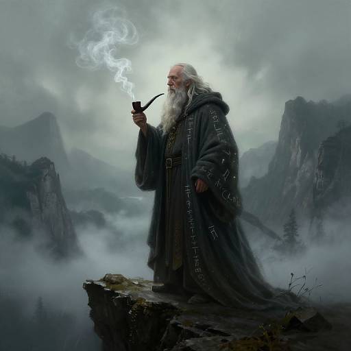 Digital painting of a wise, bearded old man in a long, dark, embroidered robe, smoking a pipe on a misty mountain ledge. Sm