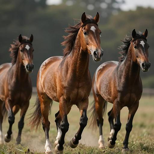 Galloping Brown Horses in Field